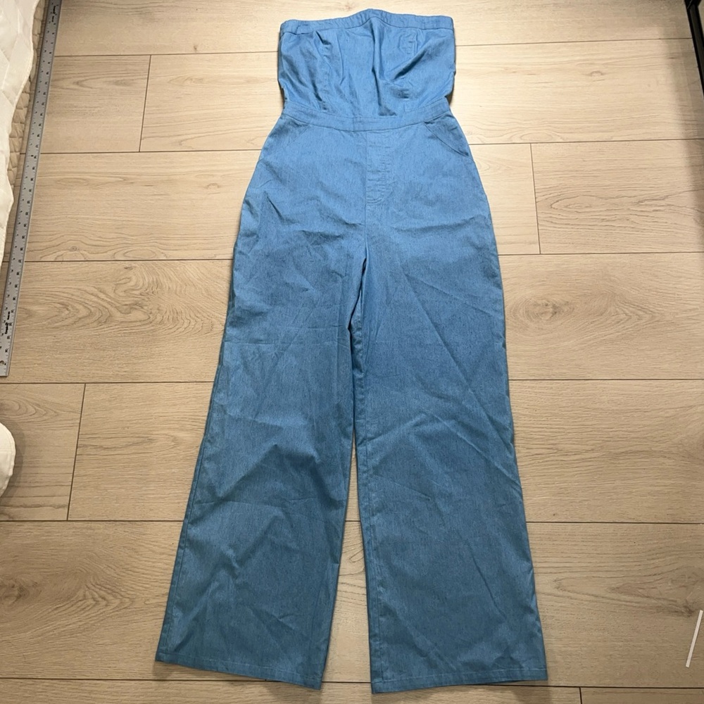 Lulus Jumper Strapless Wide Leg Chambray Jumpsuit Women’s Size Small Blue